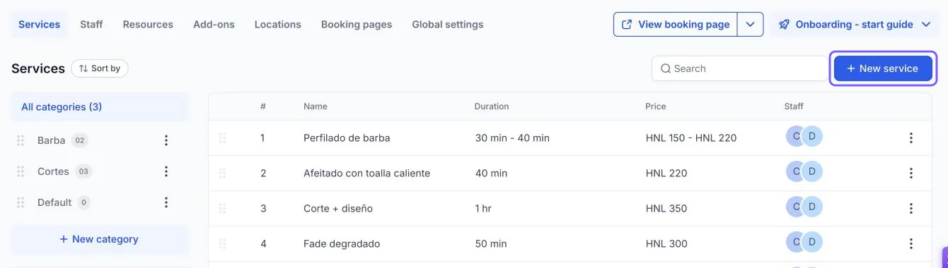 Botón New service resaltado arriba a la derecha de la lista de servicios