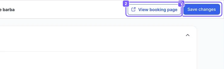 Botones View booking page y Save changes resaltados arriba a la derecha de la edición del servicio