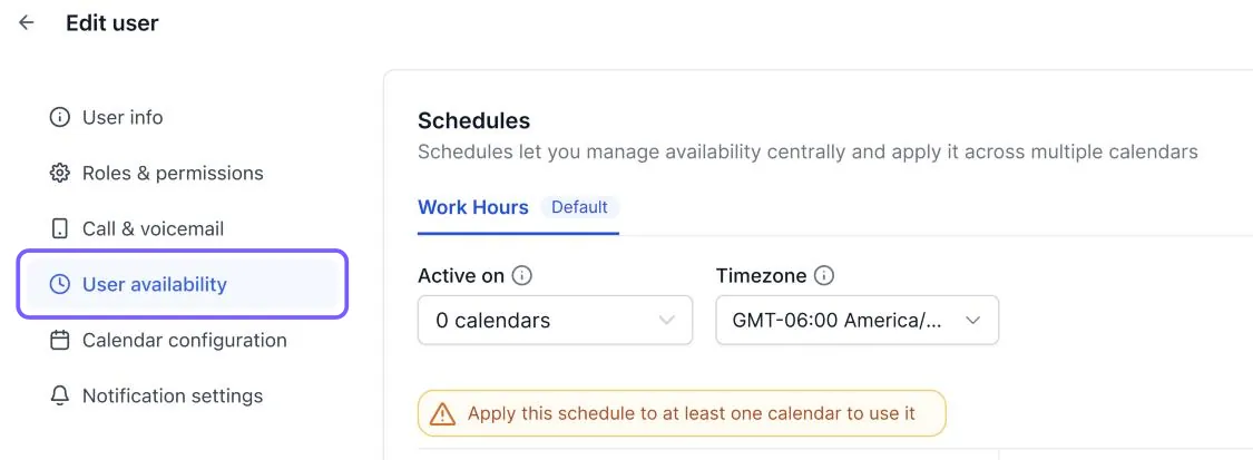 Pestaña User availability resaltada en Edit user, con la sección Schedules y el horario Work Hours