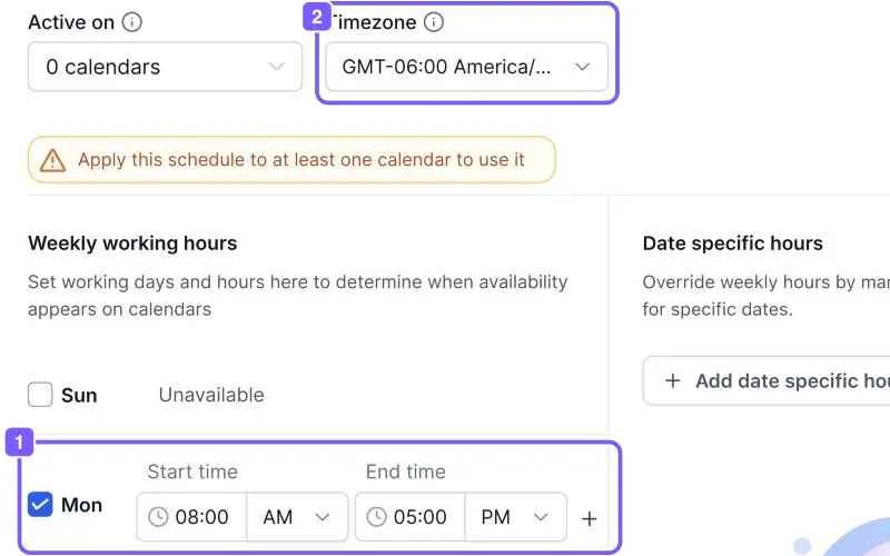 Día Mon con hora de inicio, hora de fin y el botón + marcado con el 1, y el campo Timezone marcado con el 2
