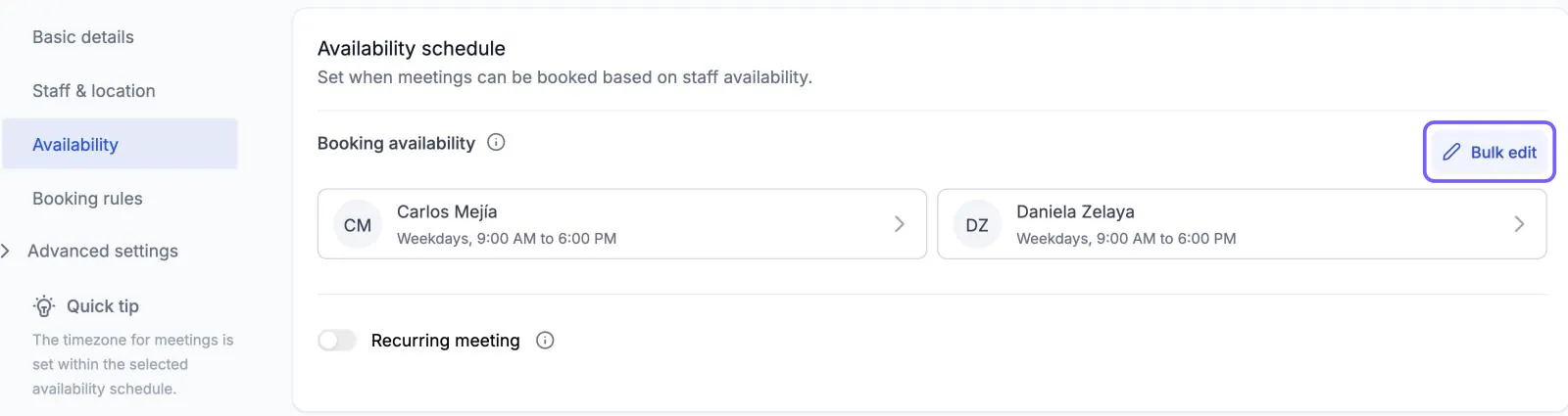 Botón Bulk edit resaltado arriba a la derecha de Booking availability