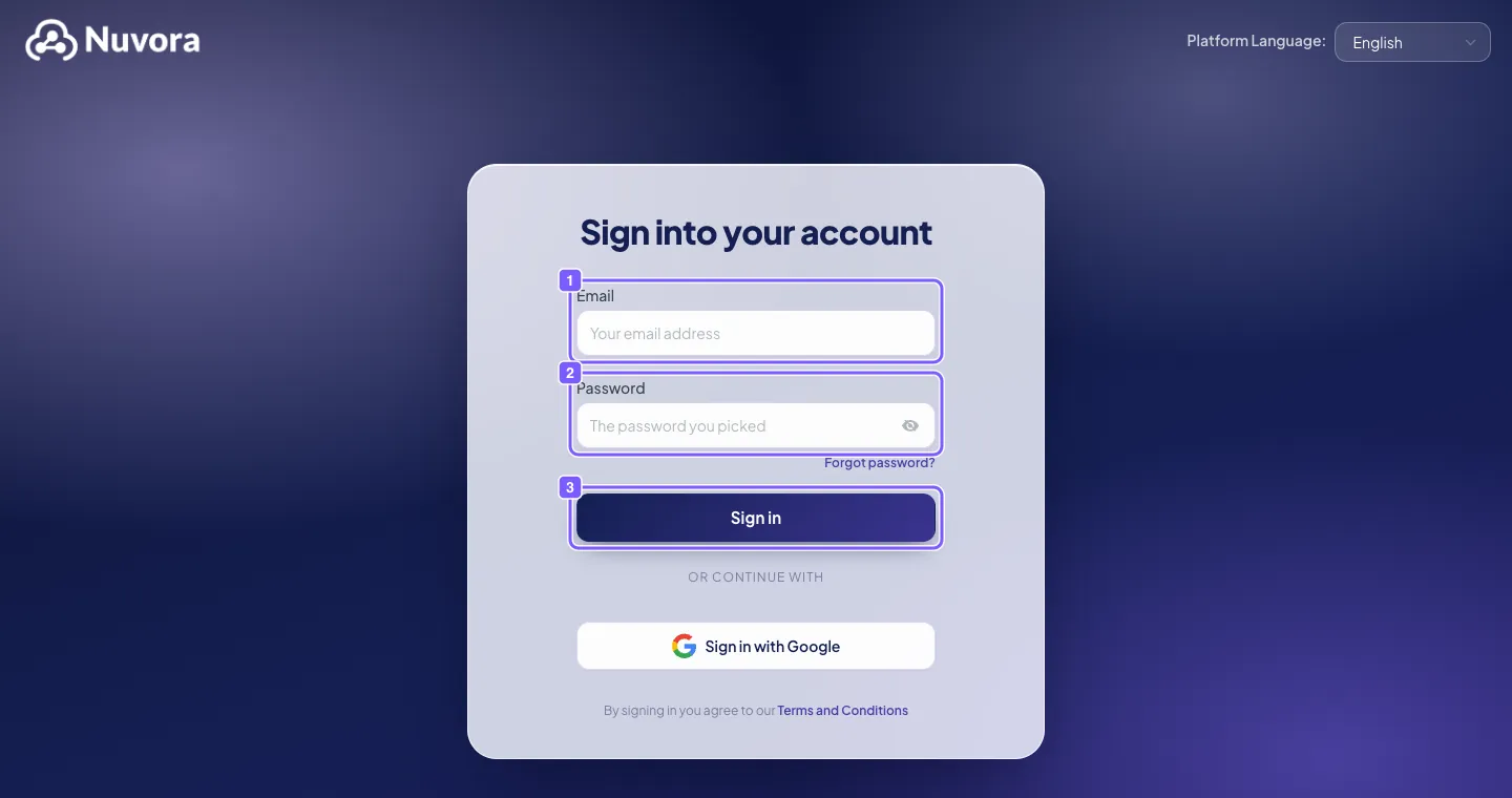 Pantalla de inicio de sesión de Nuvora con los campos Email y Password y el botón Sign in marcados con los números 1, 2 y 3